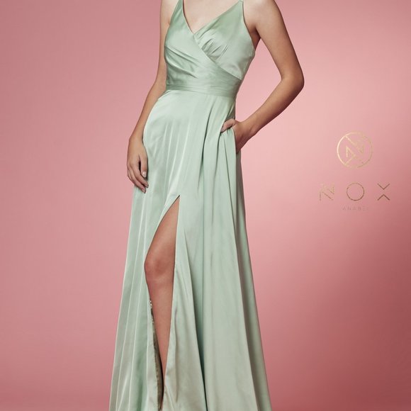 SAGE COLOR SATIN OPEN BACK PROM PARTY A-LINE LONG GOWN DRESS NX1020 - Picture 1 of 7